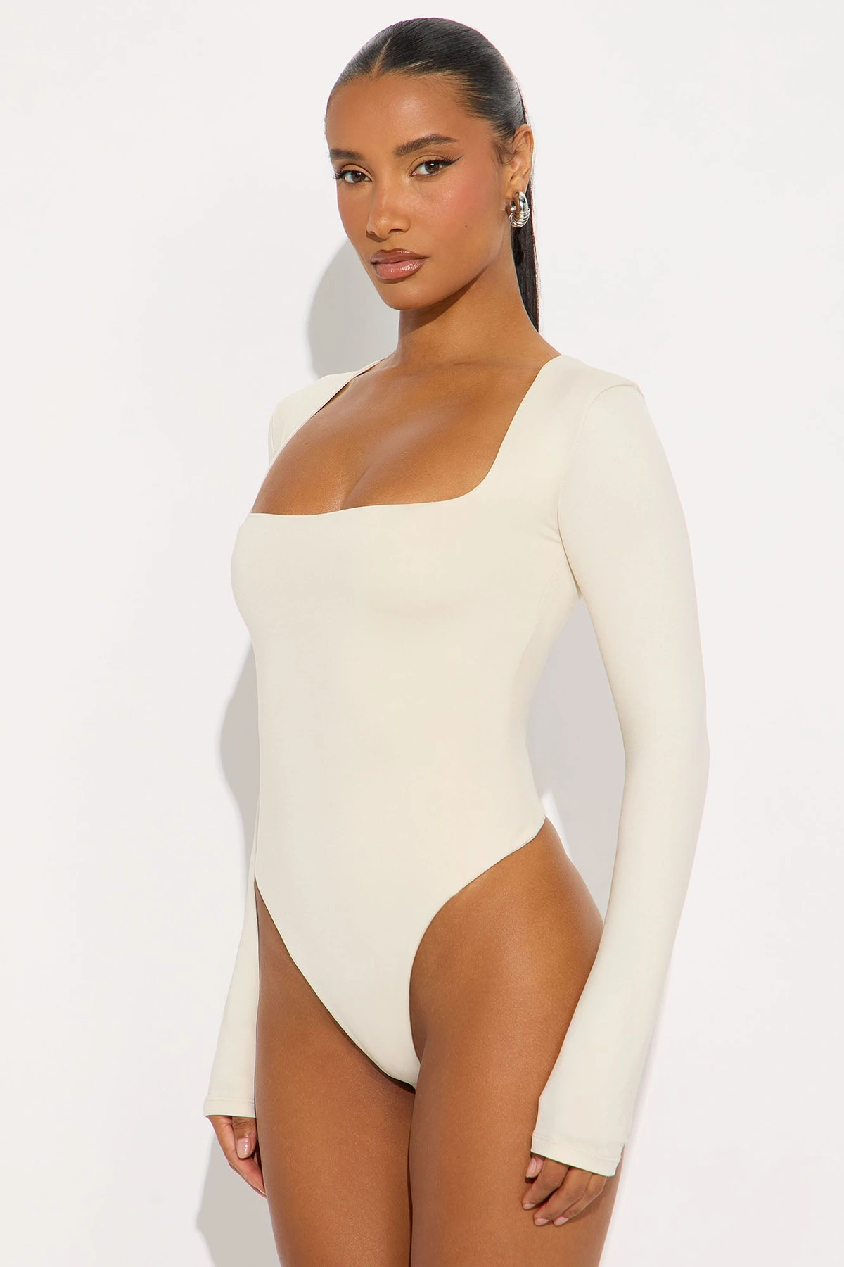 Contour Double Lined Long Sleeve Square Neck Bodysuit - Bone — Bone