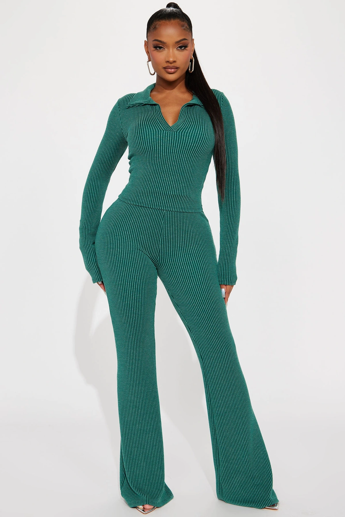 Josie Ribbed Long Sleeve Set - Hunter — Verde-escuro