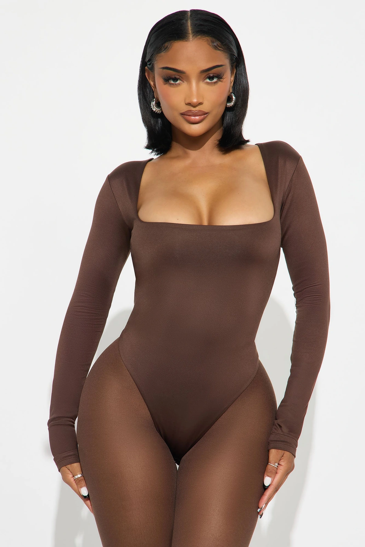 Contour Double Lined Long Sleeve Square Neck Bodysuit - Chocolate — Chocolate