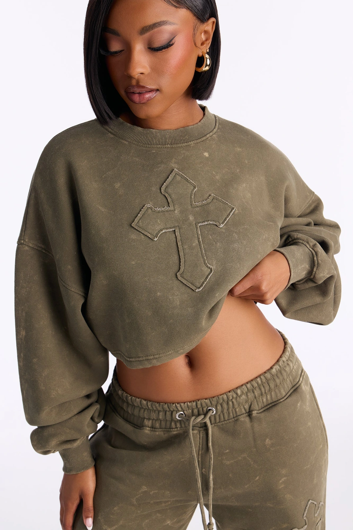Hidden Cross Fleece Pant Set - Olive — Verde-azeitona