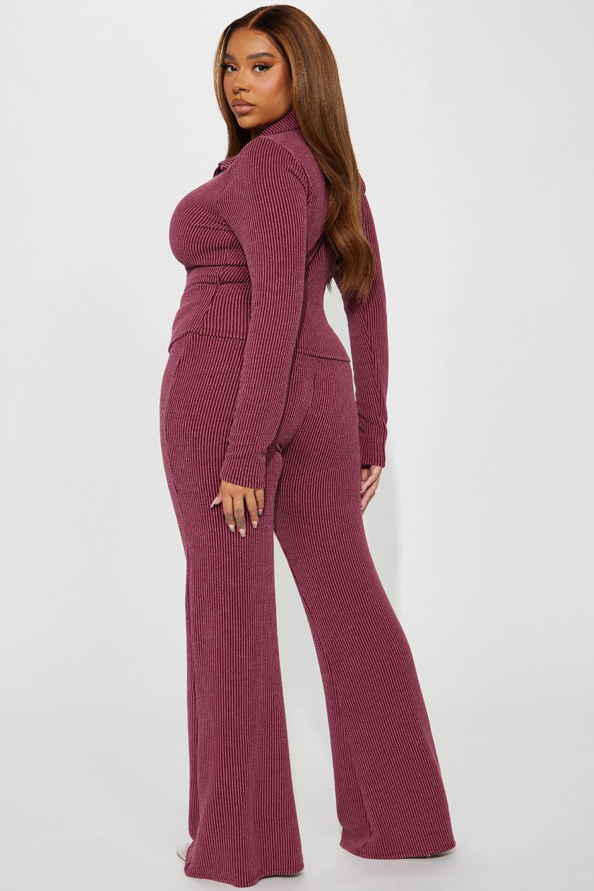 Josie Ribbed Long Sleeve Set - Burgundy — Bordô