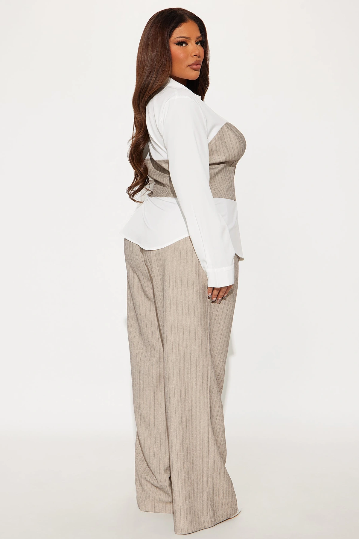 Work Mode Pinstripe Pant Set - Taupe/combo — Bege acinzentado/combinação