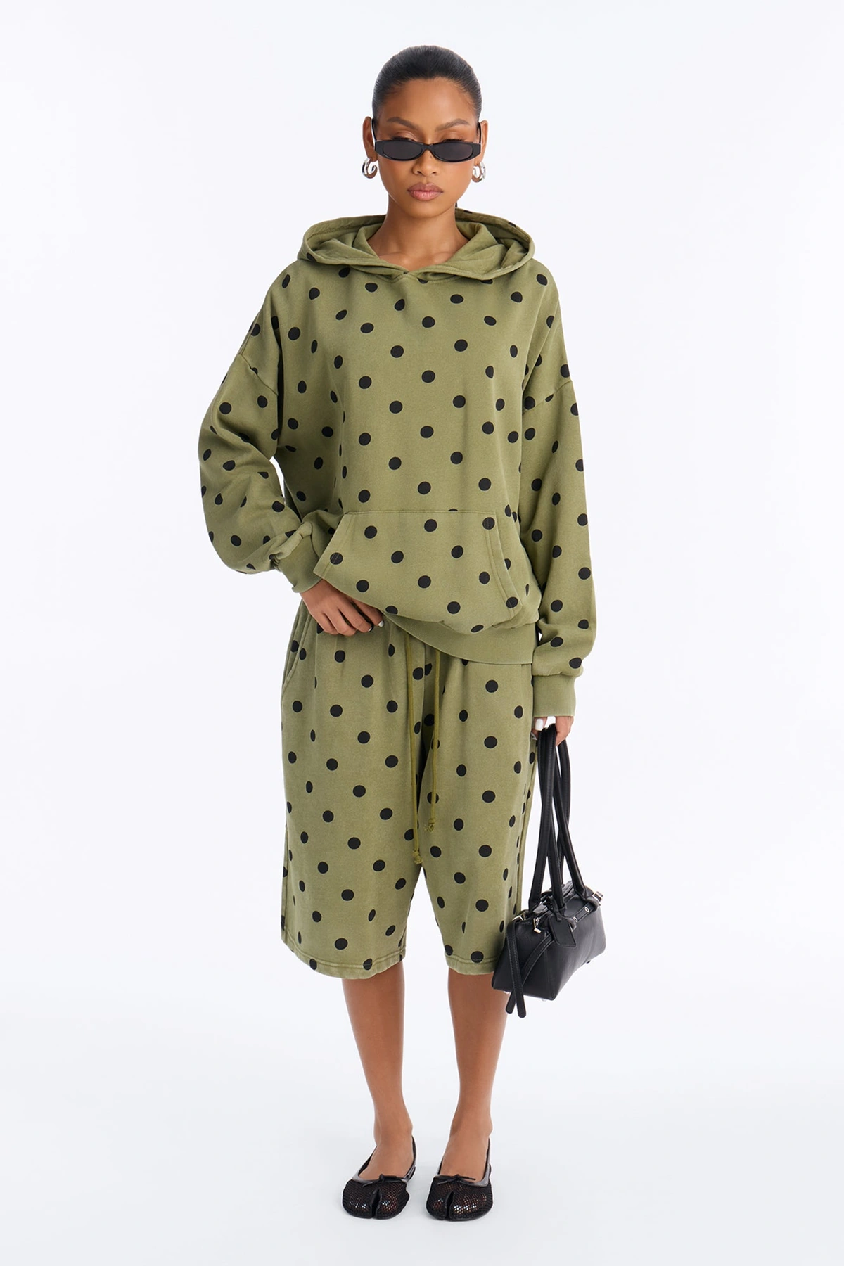 Taylor Polka Dot Washed Fleece Jort Set - Olive — Verde-azeitona
