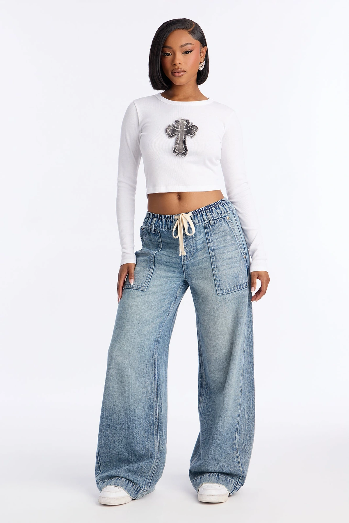 Ocean Ave Tie Waist Baggy Jeans - Vintage Wash — Ganga de lavagem envelhecida