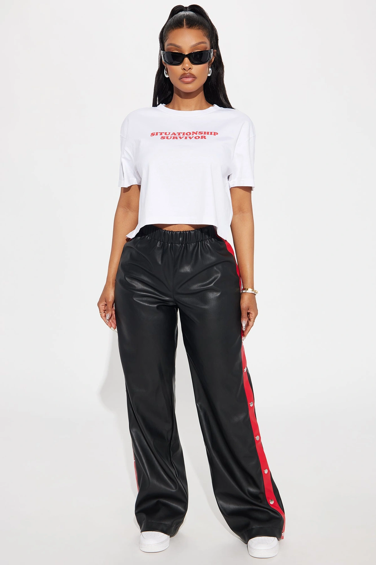 Street Feels Faux Leather Track Pant - Black/Red — Preto/Vermelho