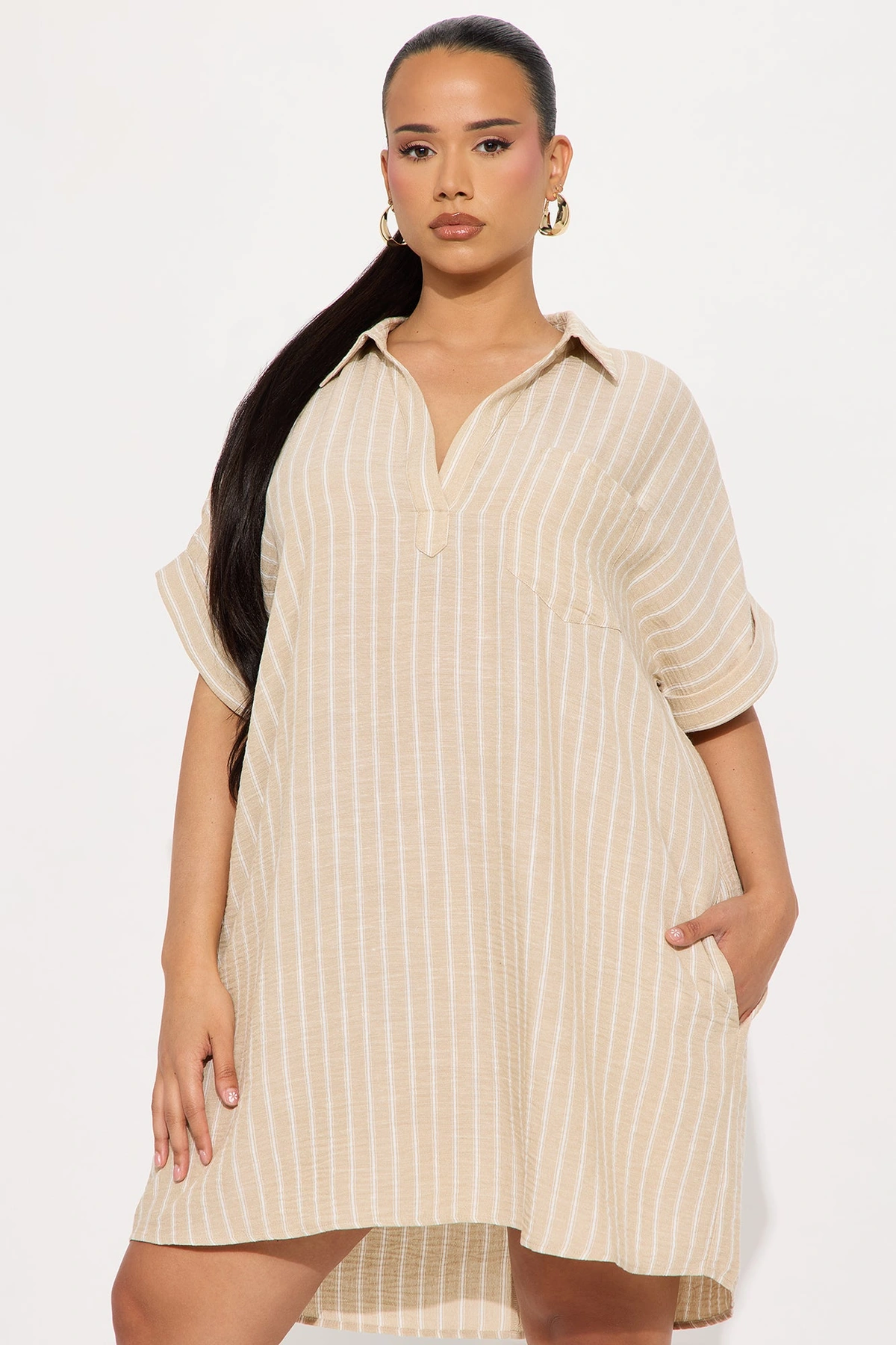 Quick Getaway Pinstripe Mini Dress - Taupe — Bege acinzentado