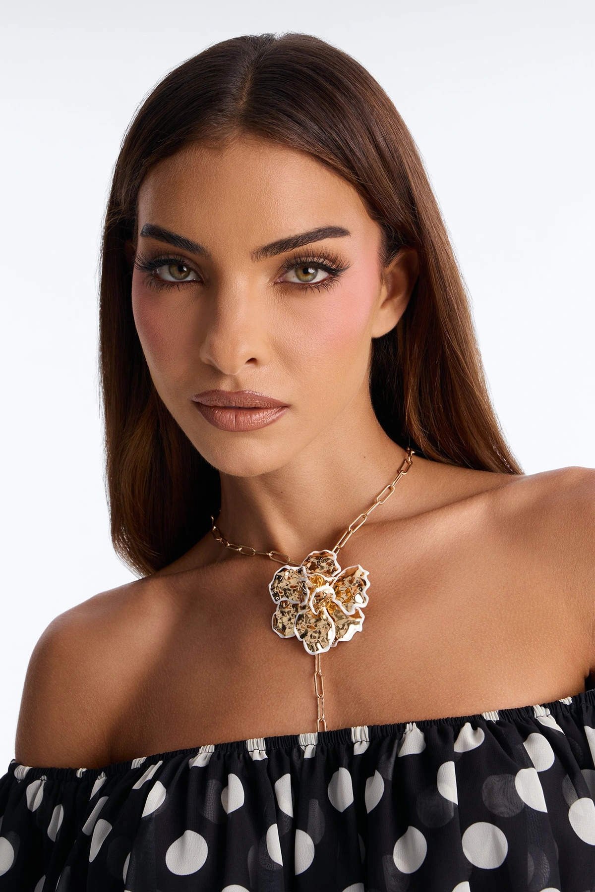 In My Element Floral Lariat Necklace - White/Gold — Branco/Dourado