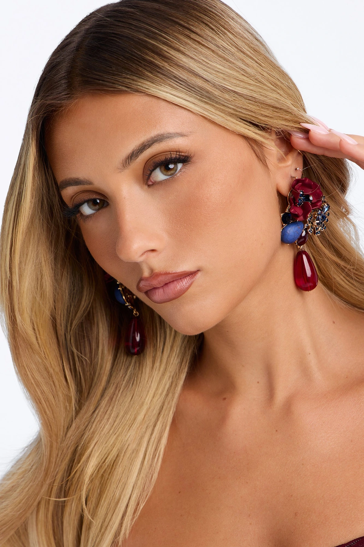 Wild Flower Rhinestone Drop Earrings - Burgundy/combo — Bordô/combinação