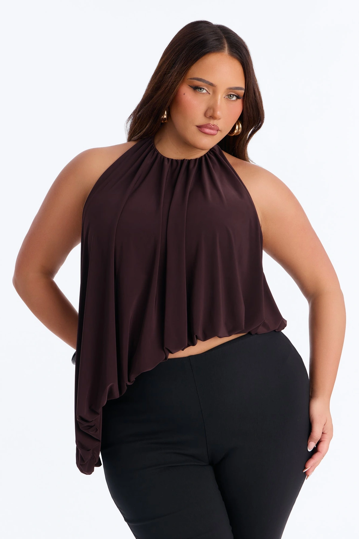Selena Ruched Asymmetrical Halter Top - Brown — Castanho