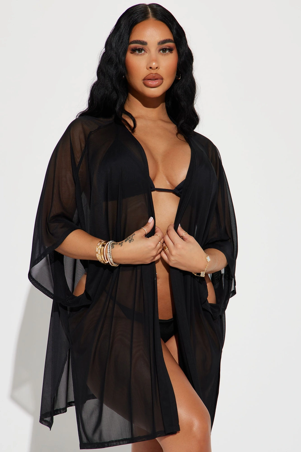 Maui Mix And Match Mesh Cover Up Kimono - Black — Preto