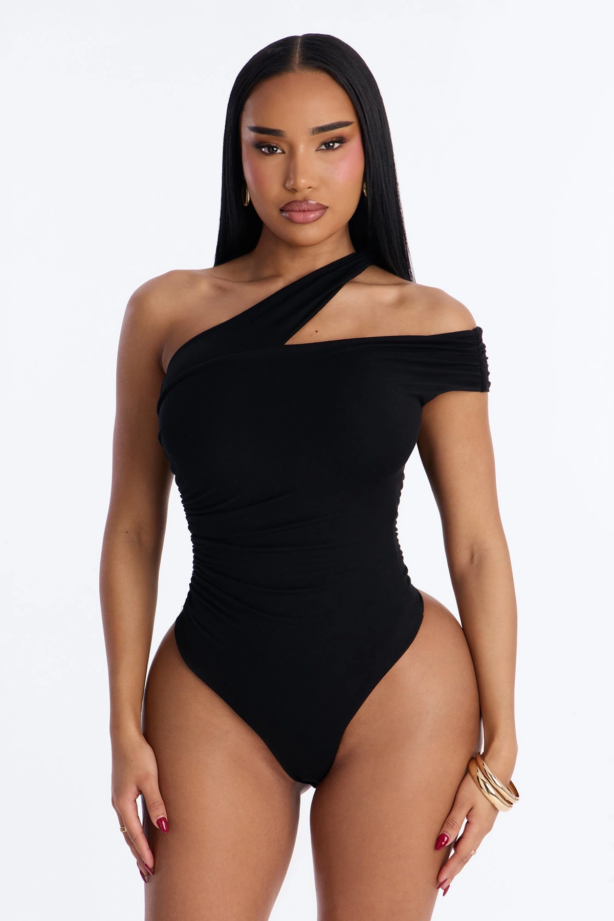 Been Here Before Ruched One Shoulder Bodysuit - Black — Preto