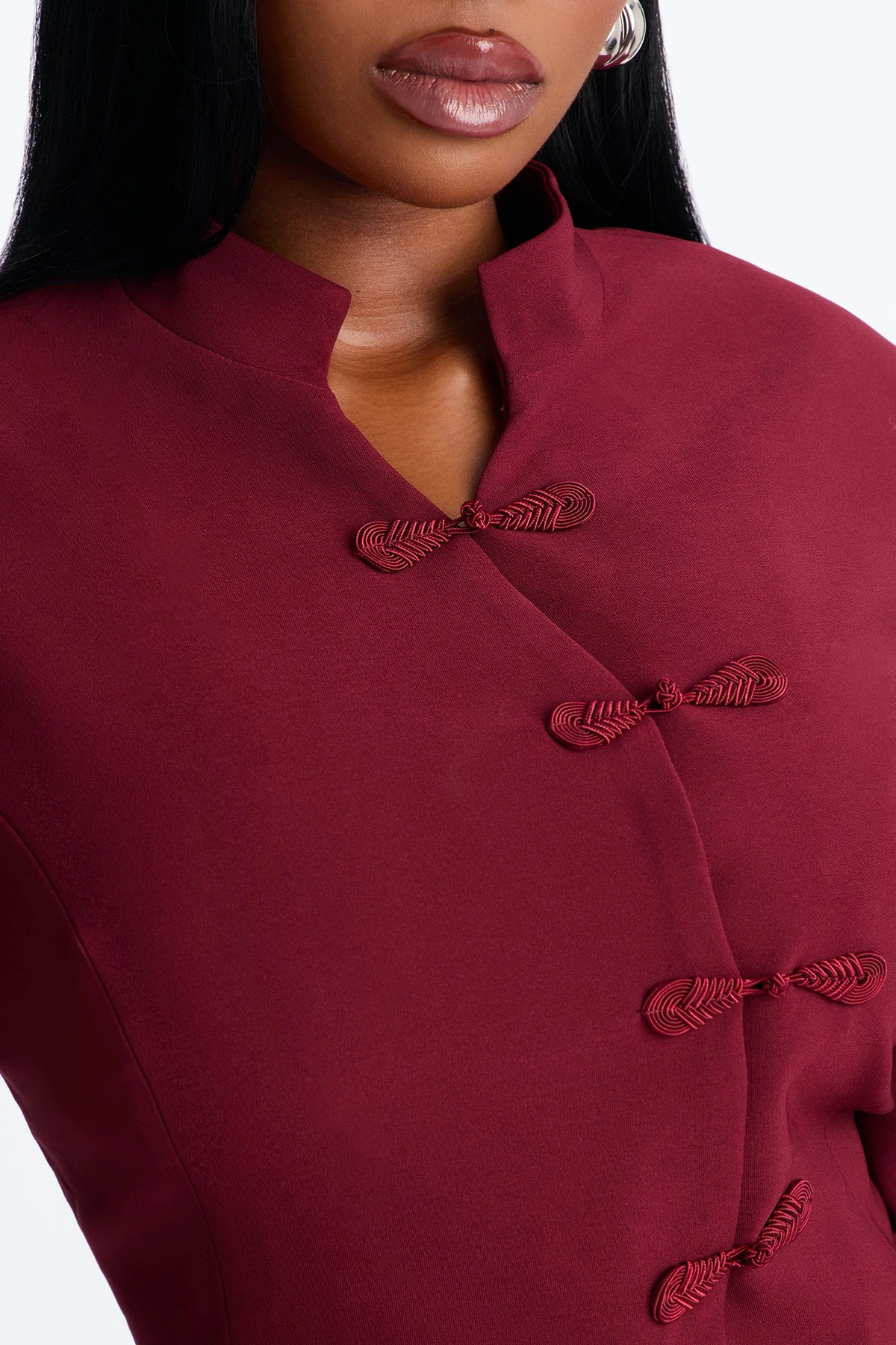 Daphne Frog Closure Peplum Blazer - Burgundy — Bordô