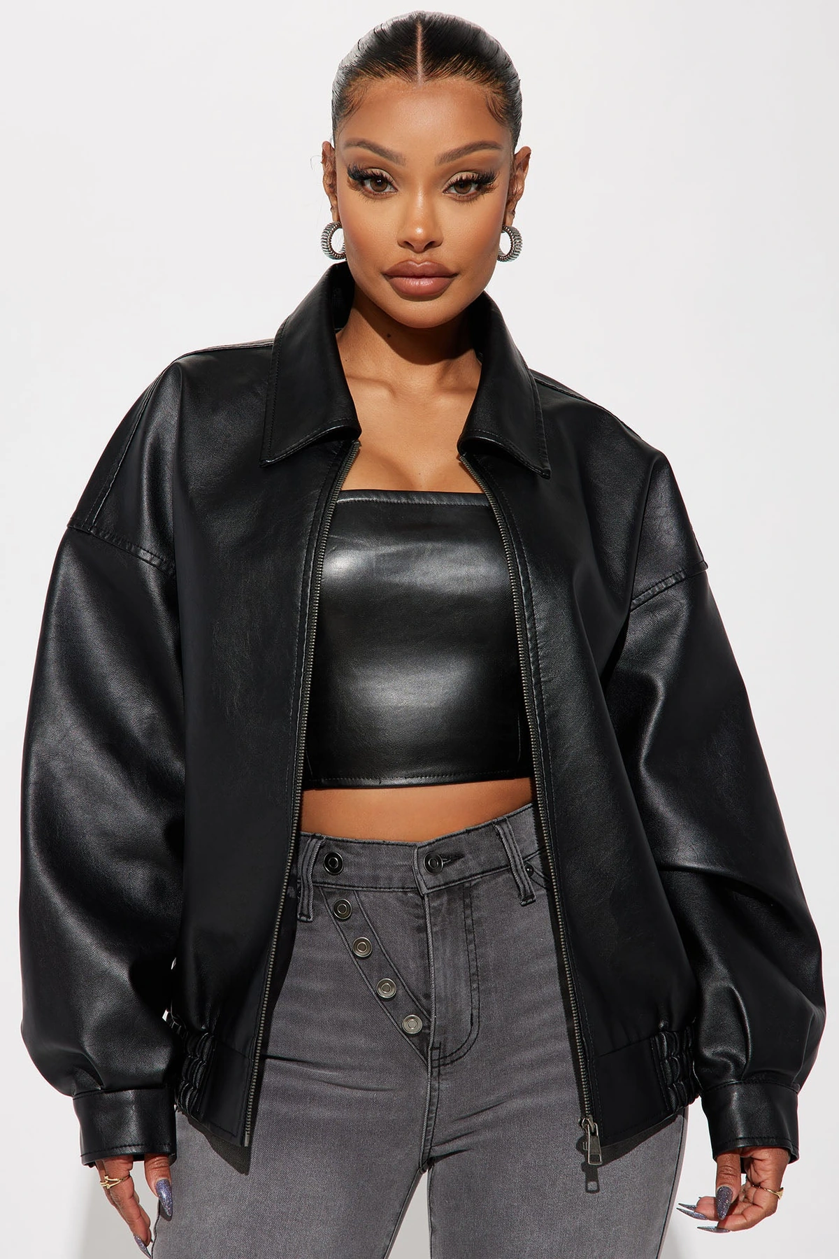 Hustle Mode Oversized Faux Leather Jacket - Black — Preto