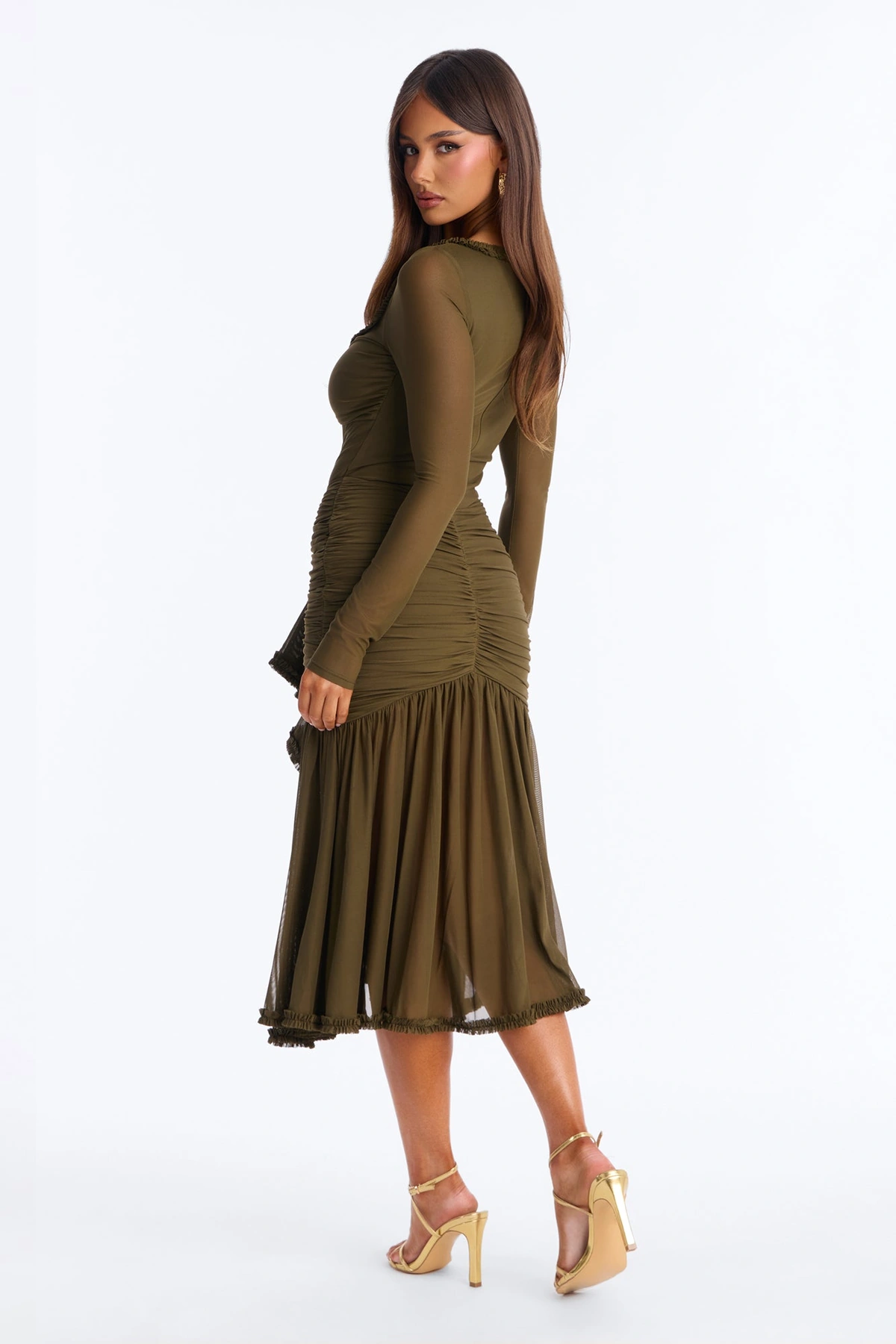 Mallory Ruffle Draped Mesh Midi Dress - Olive — Verde-azeitona