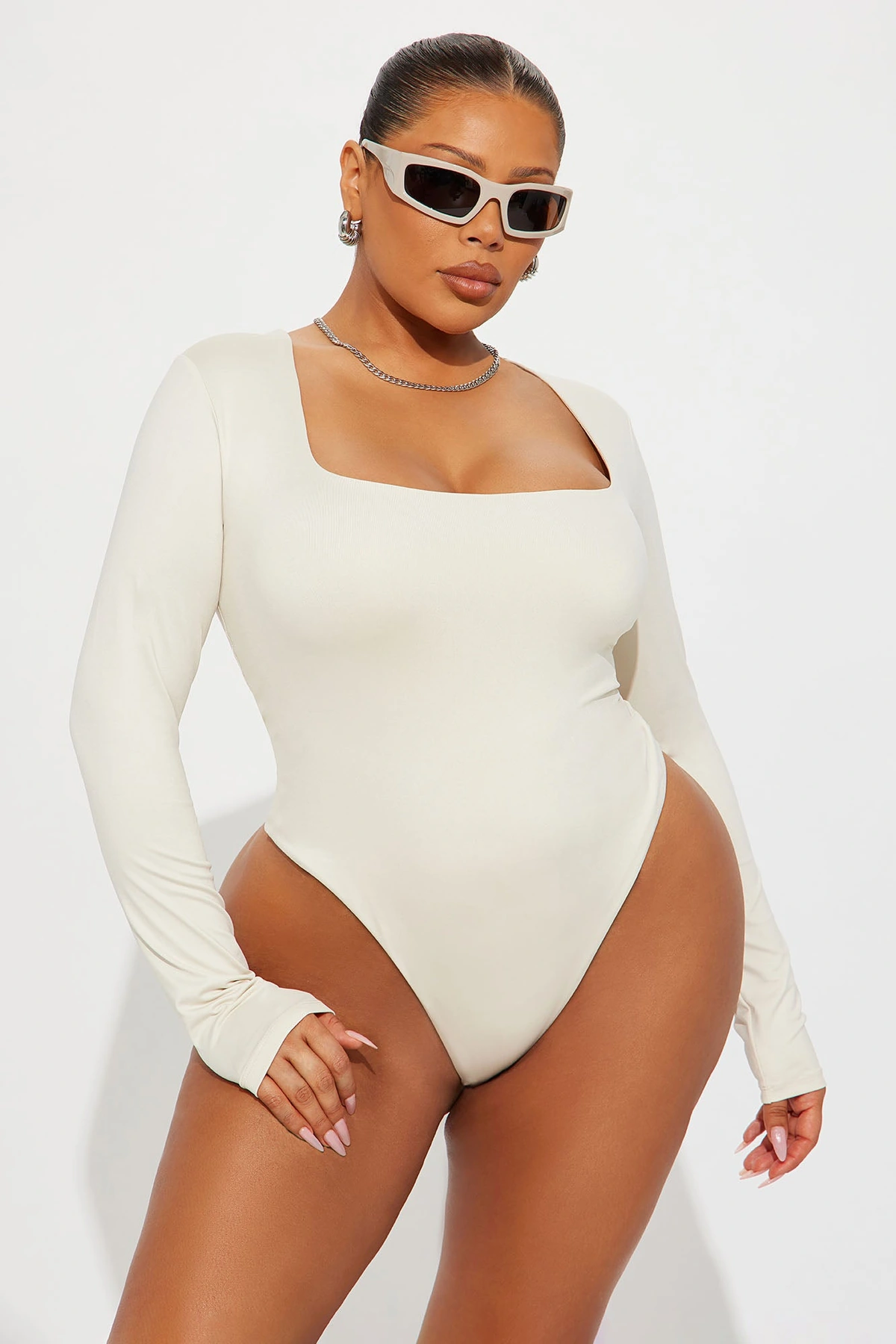 Contour Double Lined Long Sleeve Square Neck Bodysuit - Bone — Bone