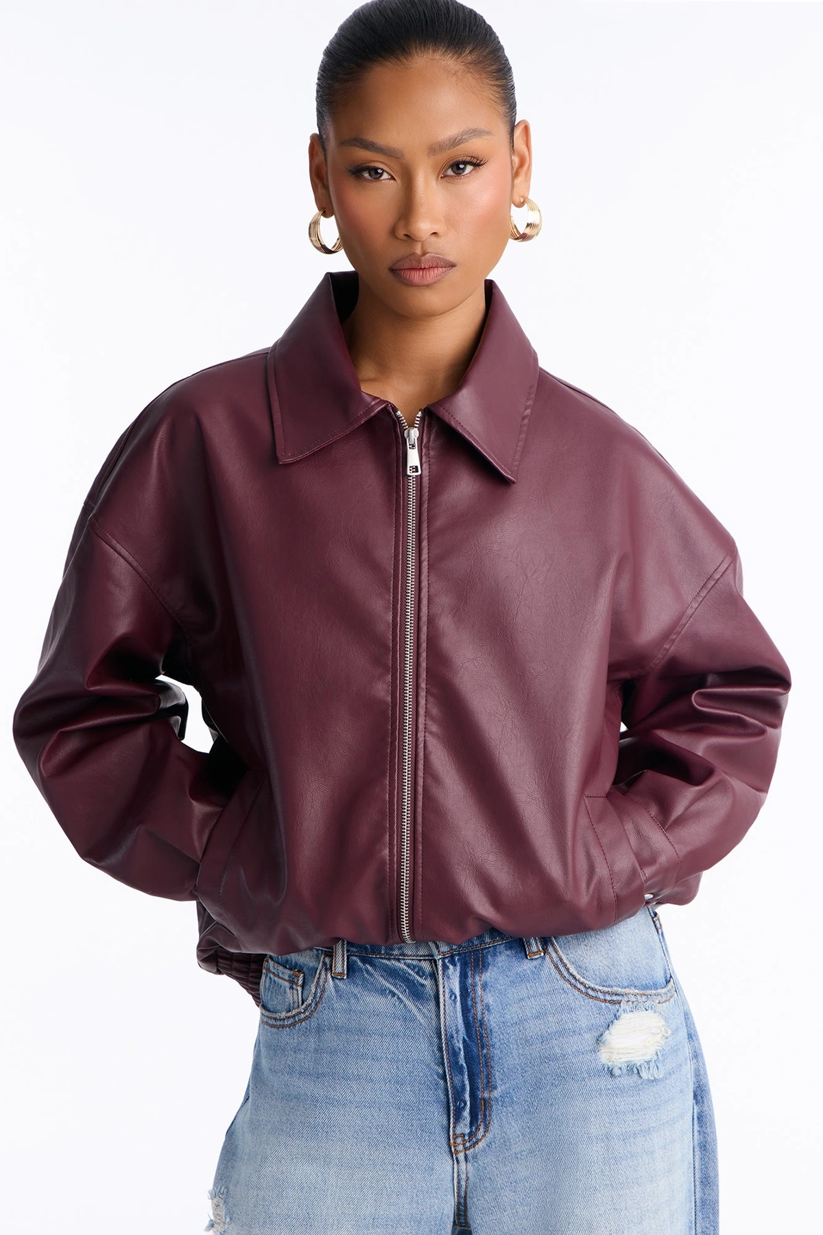 Hustle Mode Oversized Faux Leather Jacket - Burgundy — Bordô