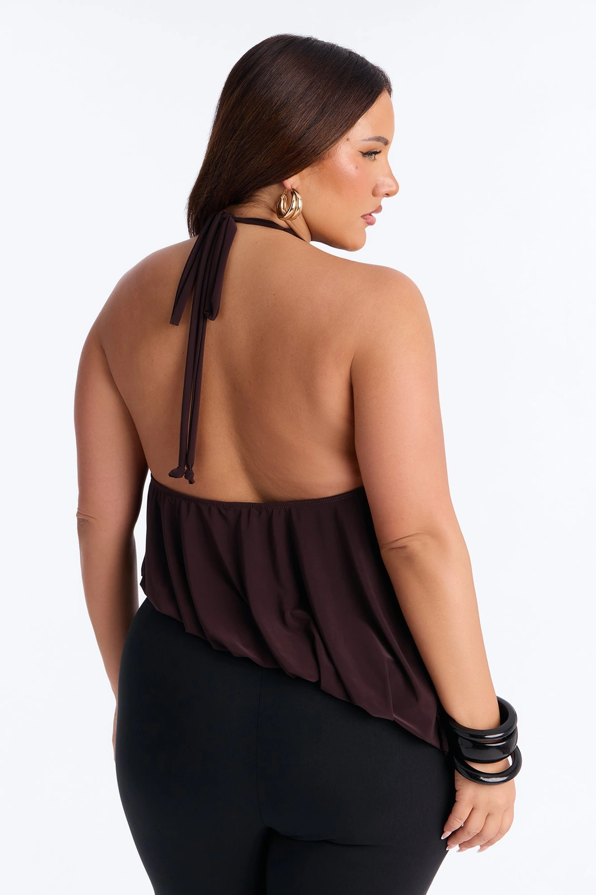 Selena Ruched Asymmetrical Halter Top - Brown — Castanho