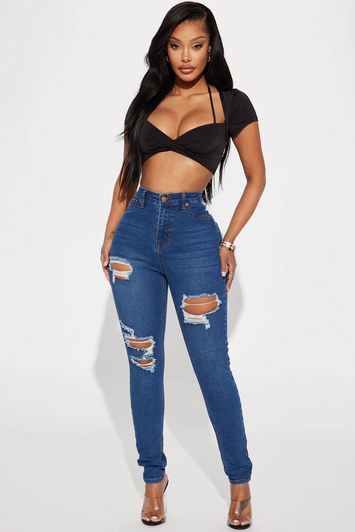 Bedford Booty Sculpting Ripped High Rise Stretch Skinny Jeans - Dark Wash — Ganga de lavagem escura
