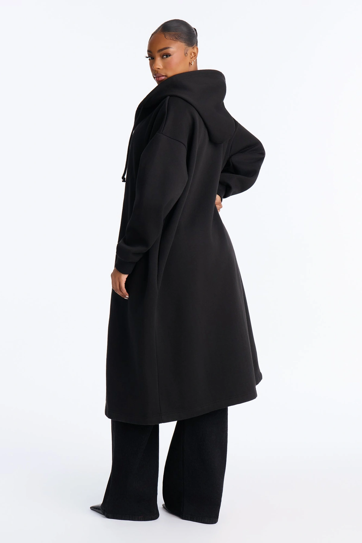 Sunday Lounge Fleece Hooded Long Jacket - Black — Preto