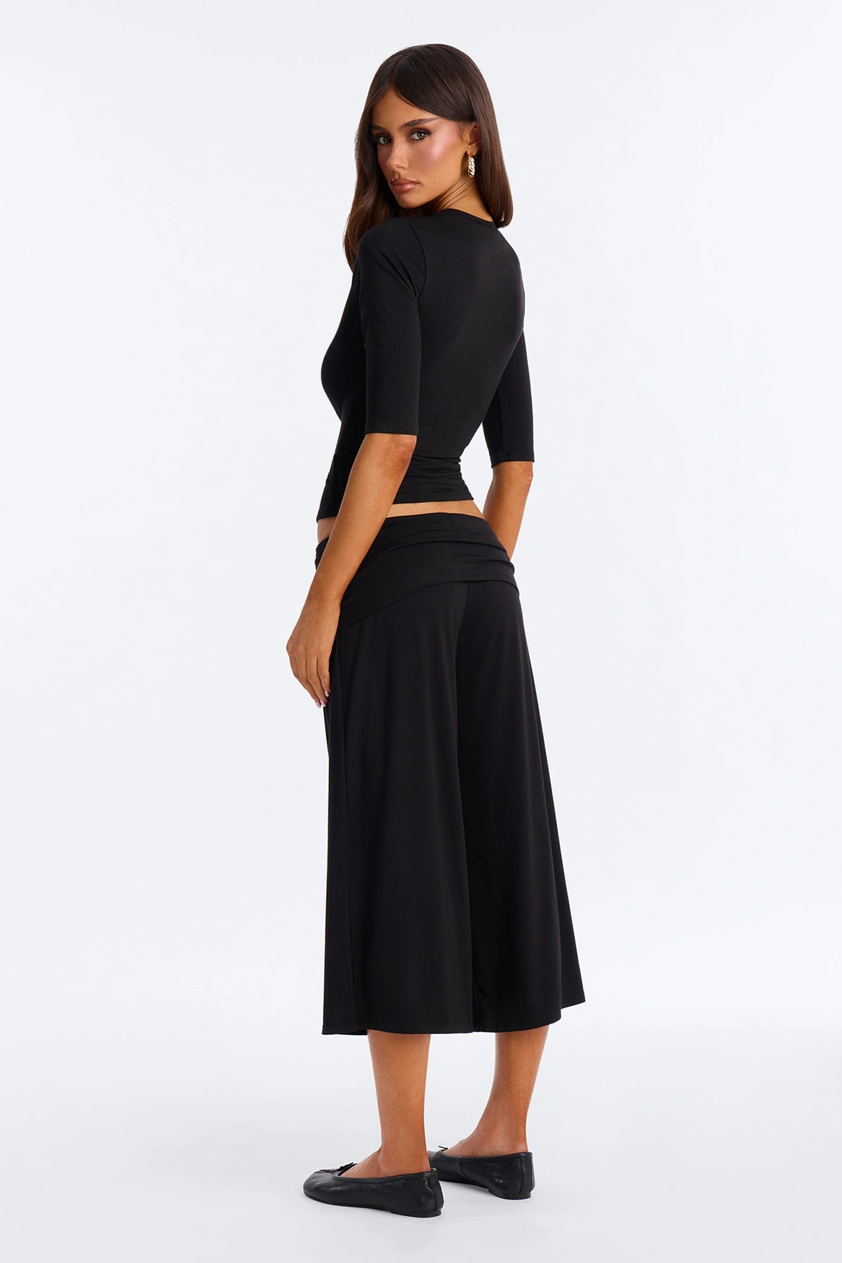 Kyla Foldover Gaucho Pant Set - Black — Preto