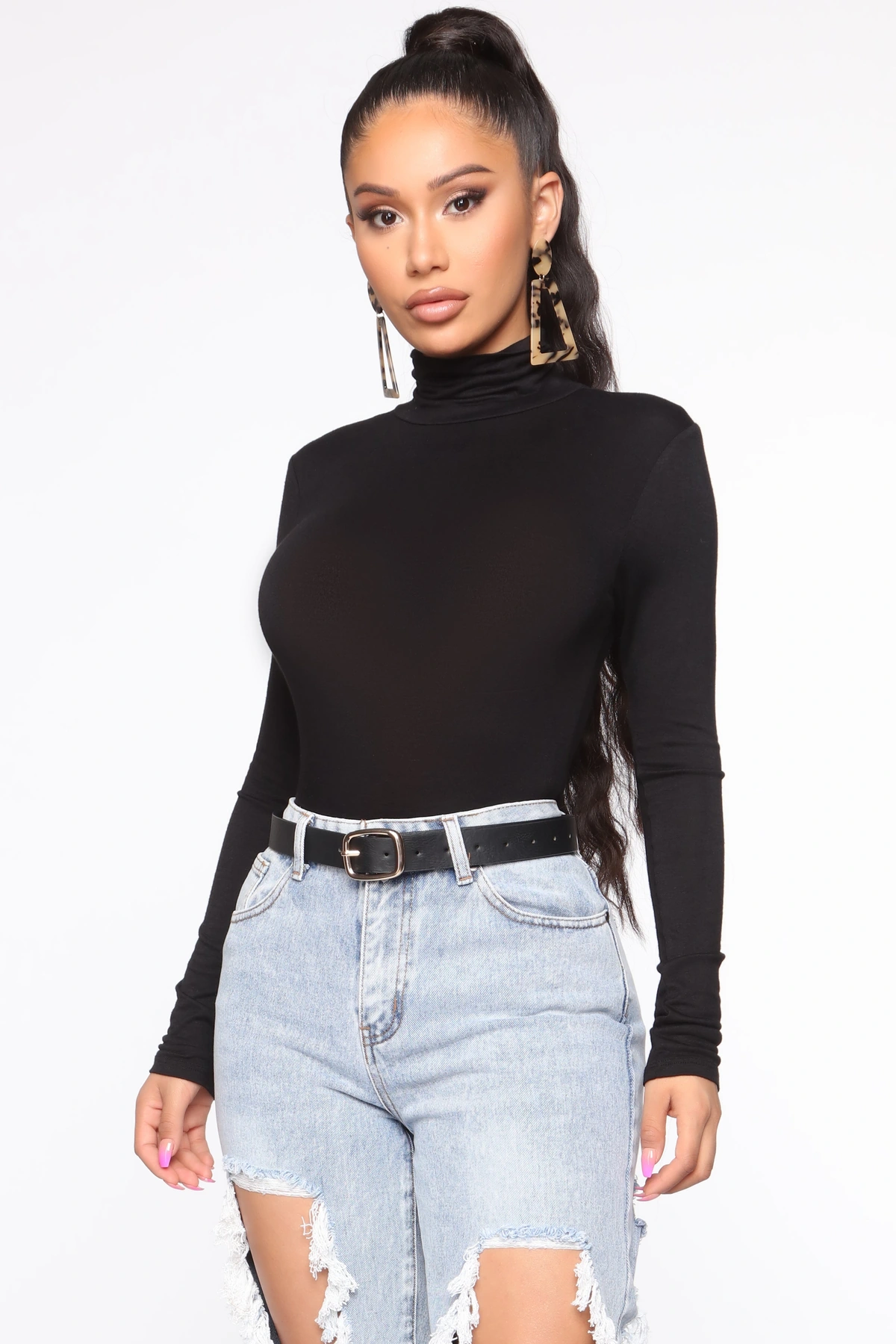 Pamela Turtle Neck Long Sleeve Top - Black — Preto