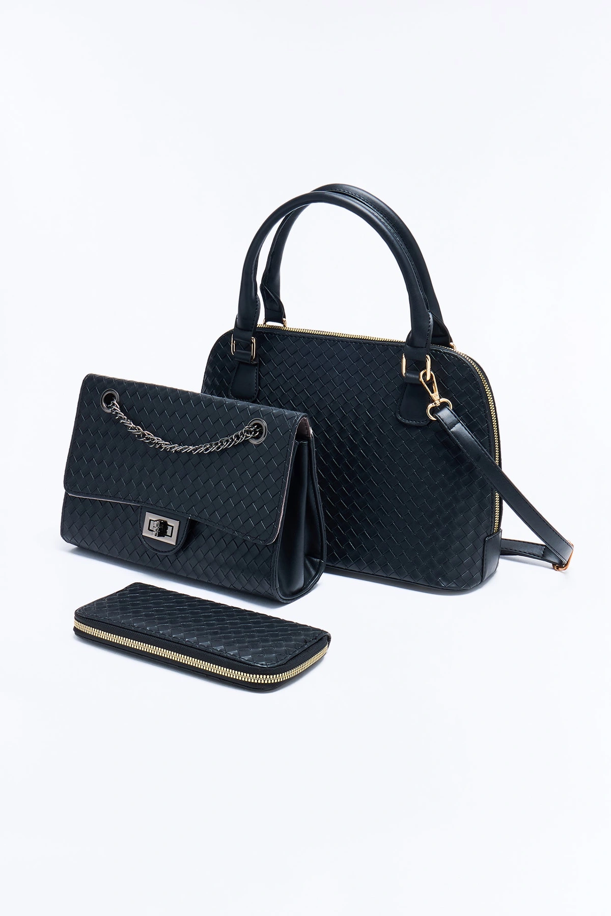 Bag It Up Faux Leather 3 Piece Satchel Handbag Set - Black — Preto