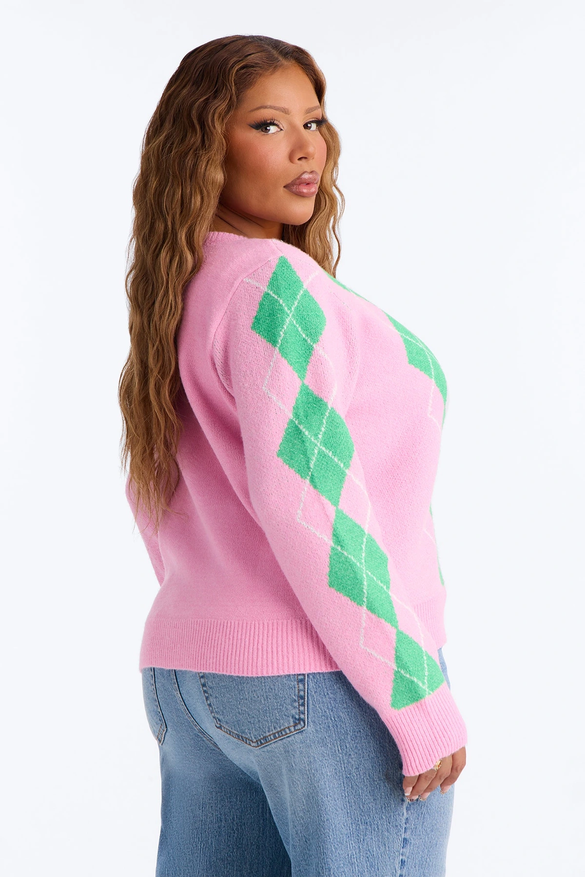 She Reads Argyle Sweater - Pink/combo — Rosa/combinação
