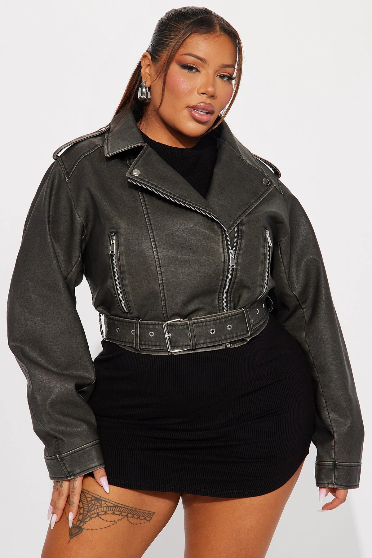 Roxi Washed Faux Leather Moto - Black — Preto