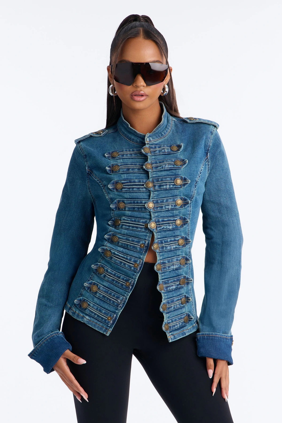 Marching Orders Stretch Denim Military Jacket - Medium Wash — Ganga de lavagem média