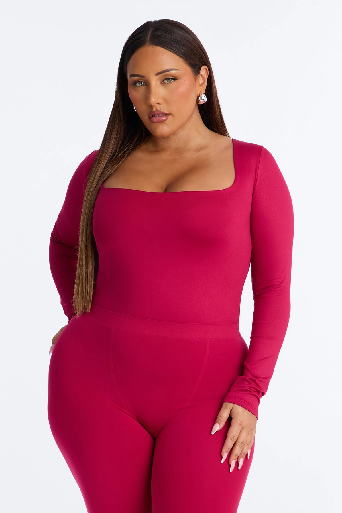 Contour Double Lined Long Sleeve Square Neck Bodysuit - Raspberry — Raspberry