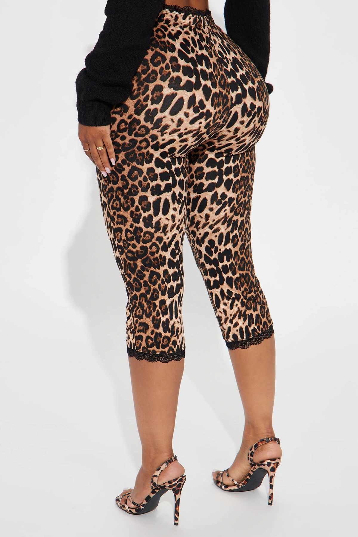 Florentina Lace Trim Capri Legging - Brown/combo — Castanho/combinação