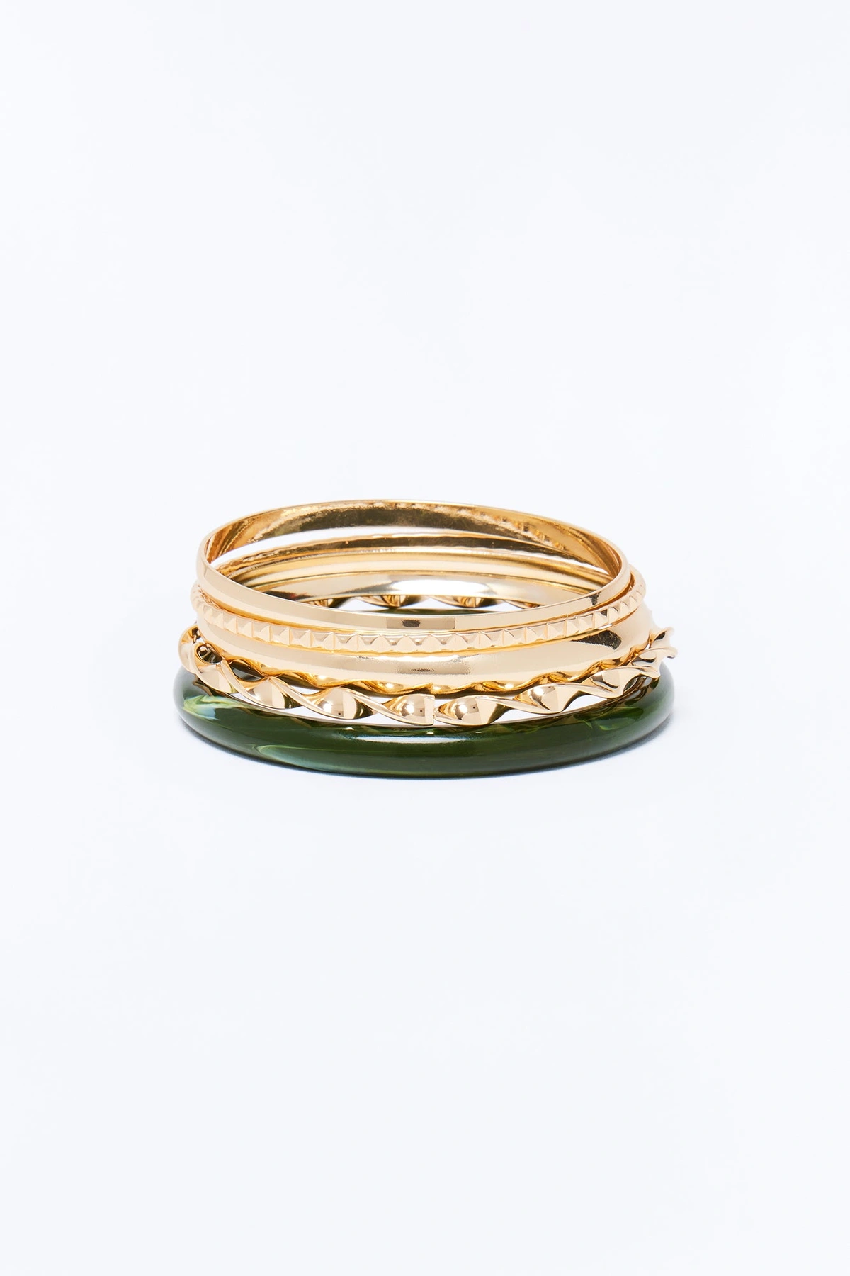 Too Much Hardware 5 Piece Bangle Set - Gold/Green — Dourado/Verde