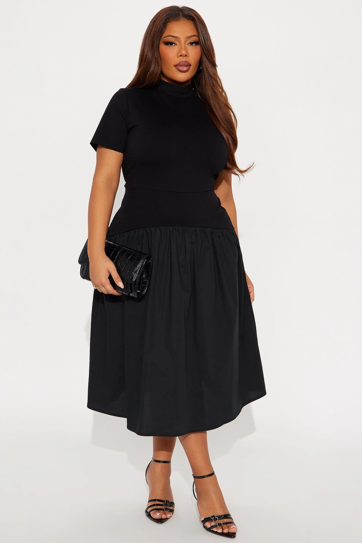 Kennedy Short Sleeve Drop Waist Midi Dress - Black — Preto