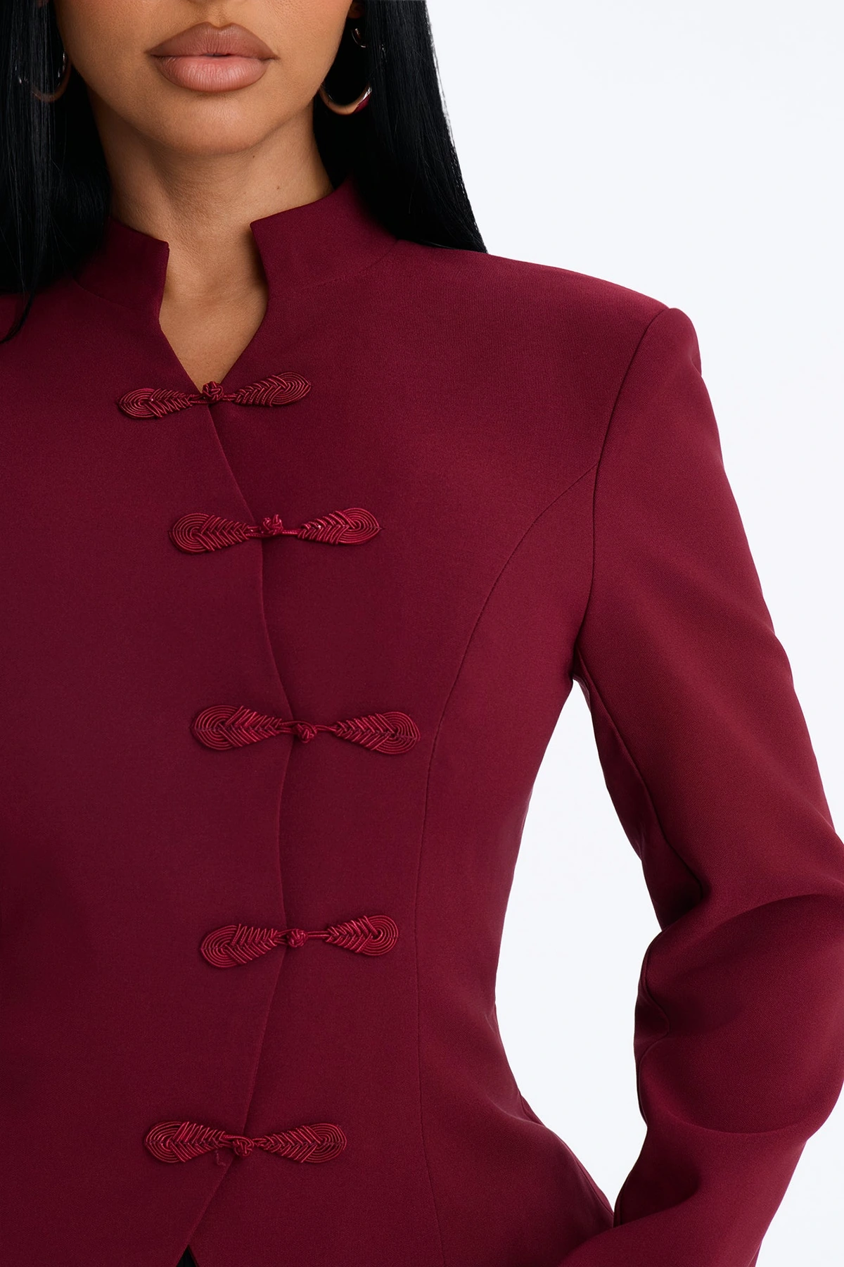 Daphne Frog Closure Peplum Blazer - Burgundy — Bordô