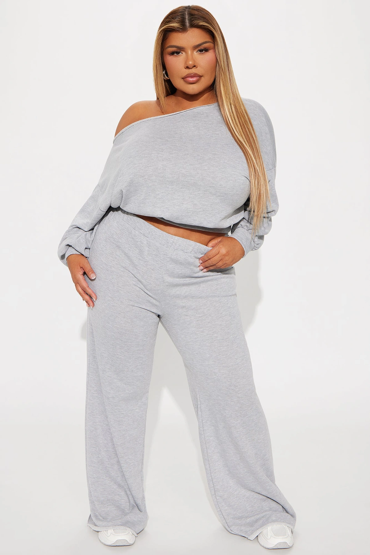 Robyn Off Shoulder Pant Set - Heather Grey — Cinzento mesclado