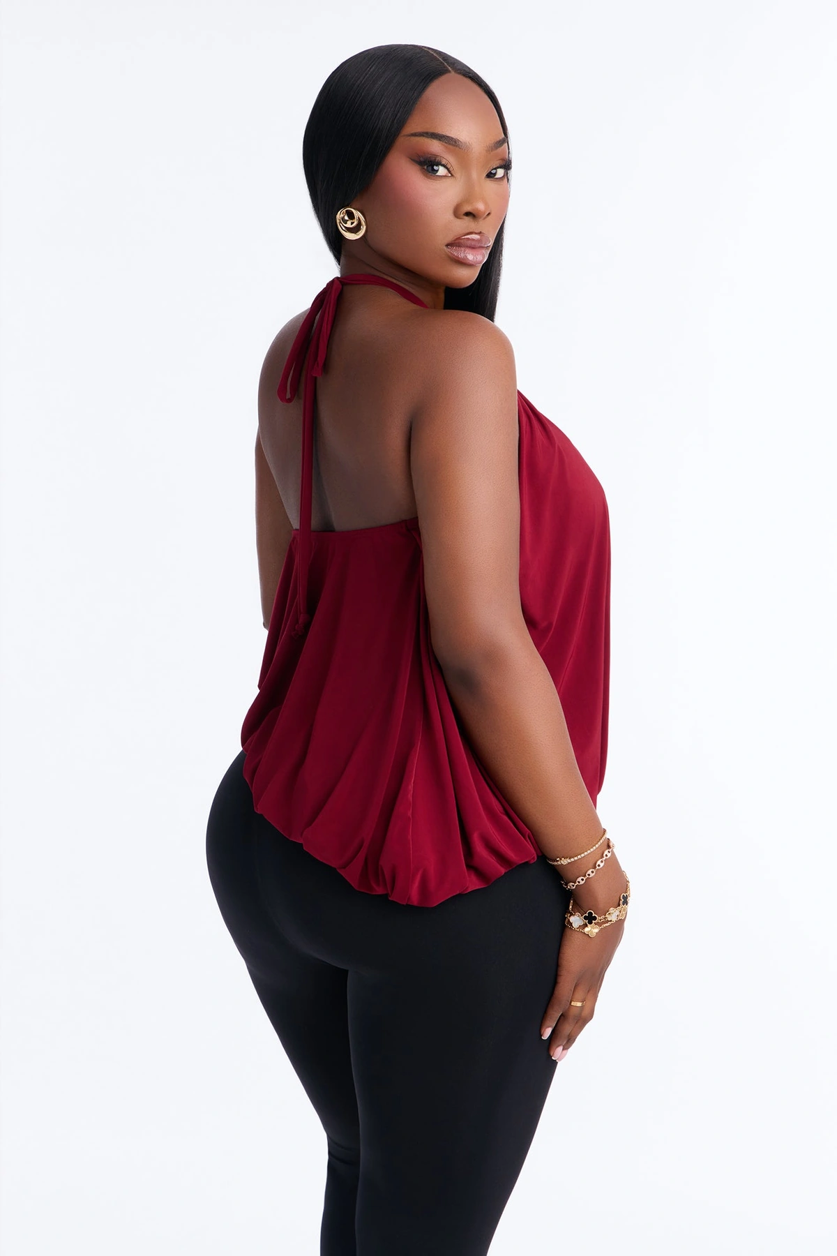 Selena Ruched Asymmetrical Halter Top - Wine — Vinho