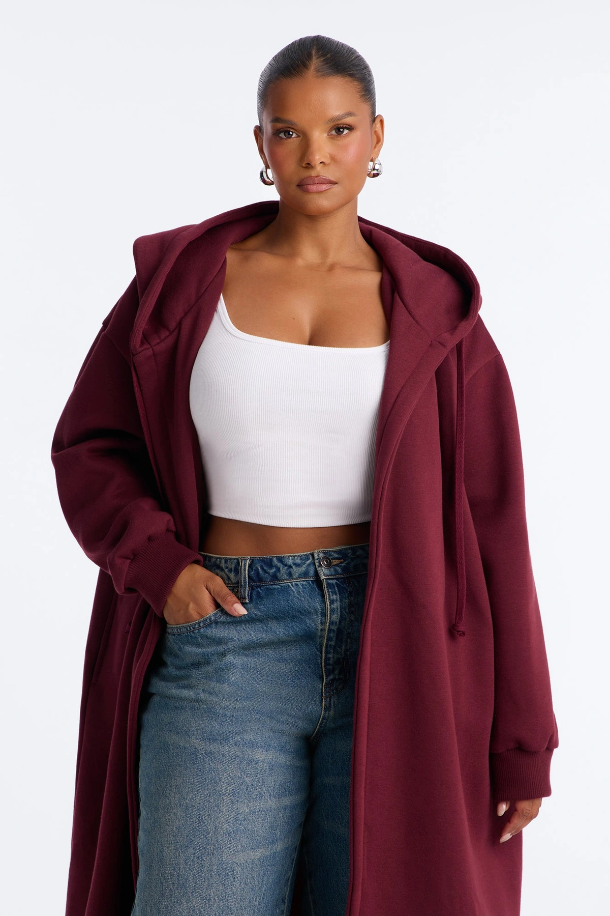 Jolie Cozy Fleece Trench - Burgundy — Bordô