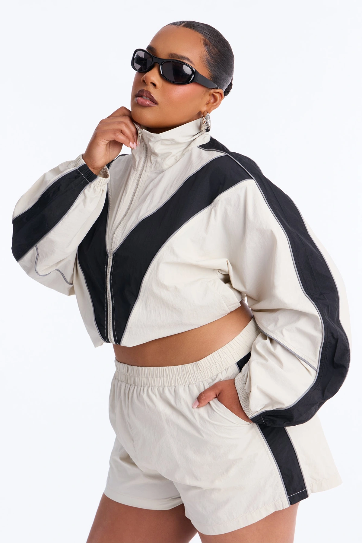 Break A Sweat Windbreaker Funnel Neck Track Jacket - Taupe/combo — Bege acinzentado/combinação