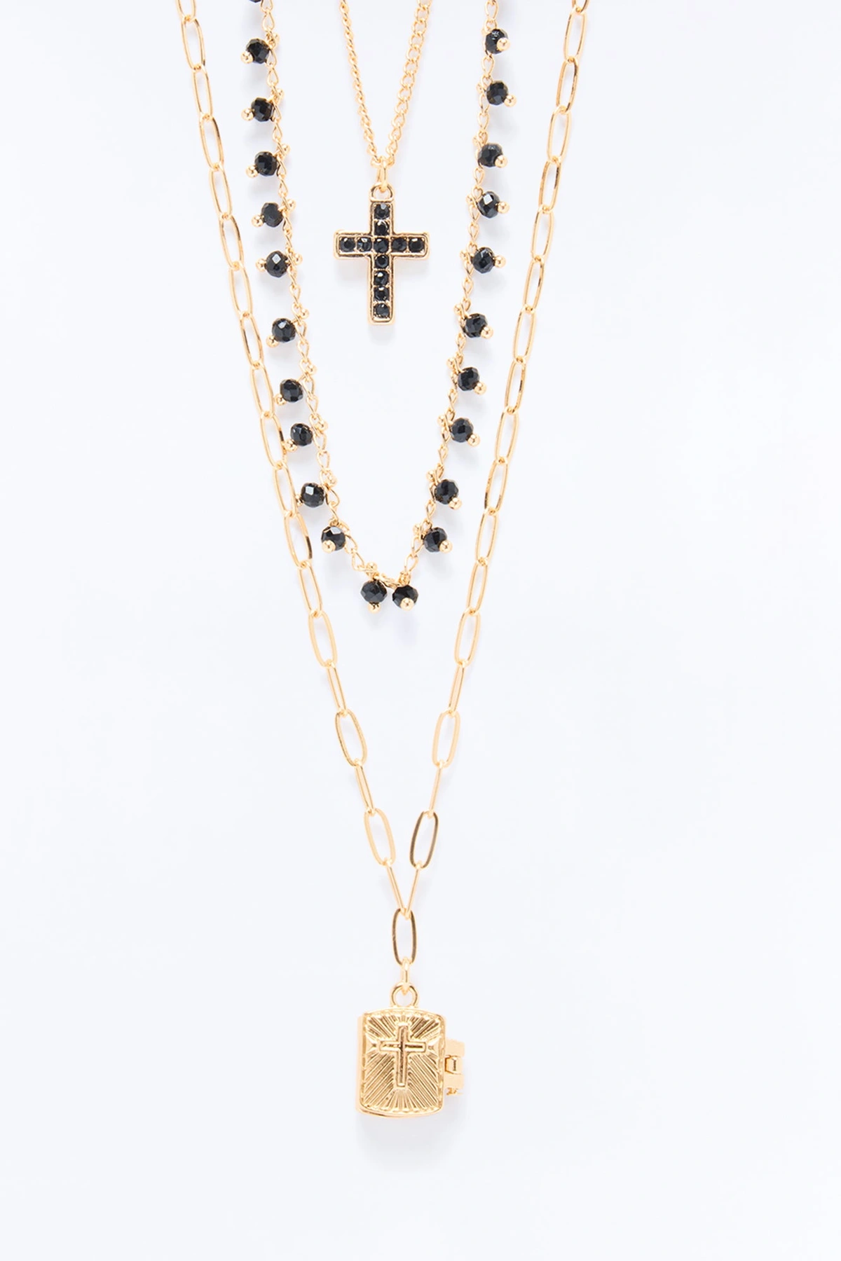 Hands Up Layered Necklace - Gold/Black — Dourado/Preto