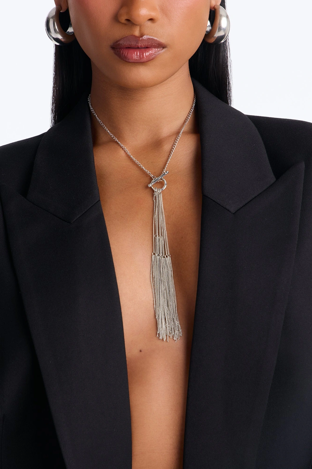 Not Going Anywhere Fringe Lariat Necklace - Silver — Prateado