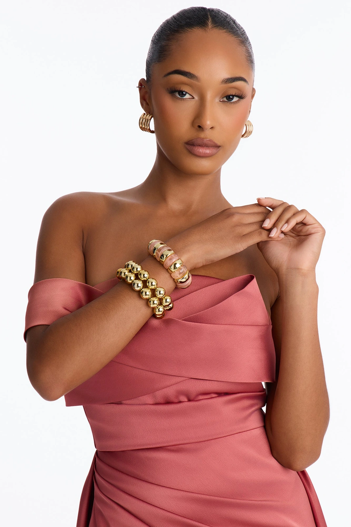 Golden Hour 3 Piece Bracelet Set - Gold/Pink — Dourado/Rosa