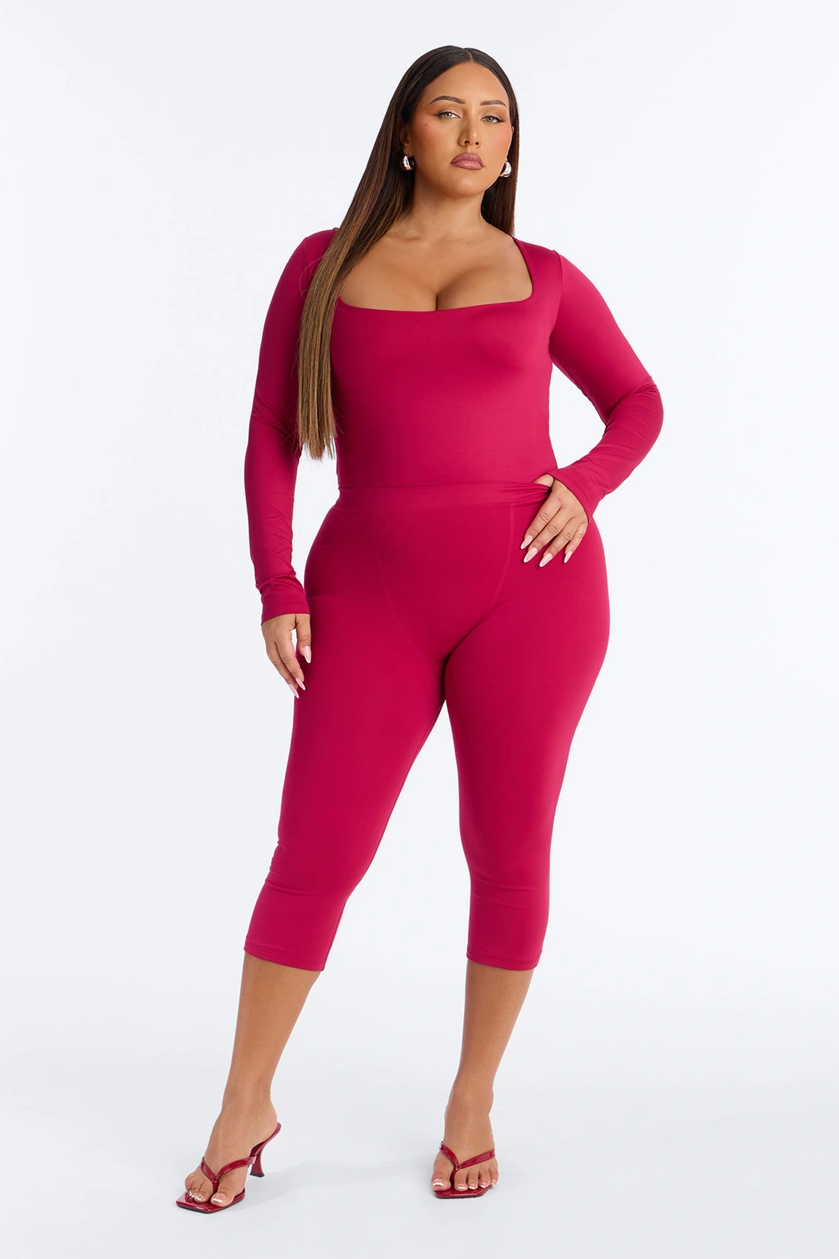 Contour Double Lined Long Sleeve Square Neck Bodysuit - Raspberry — Raspberry