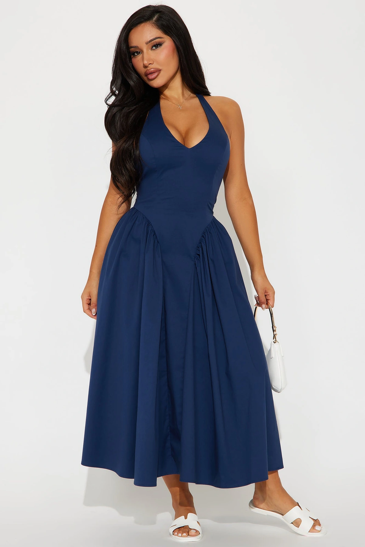 Mara Corset Halter Midi Dress - Navy — Azul-marinho