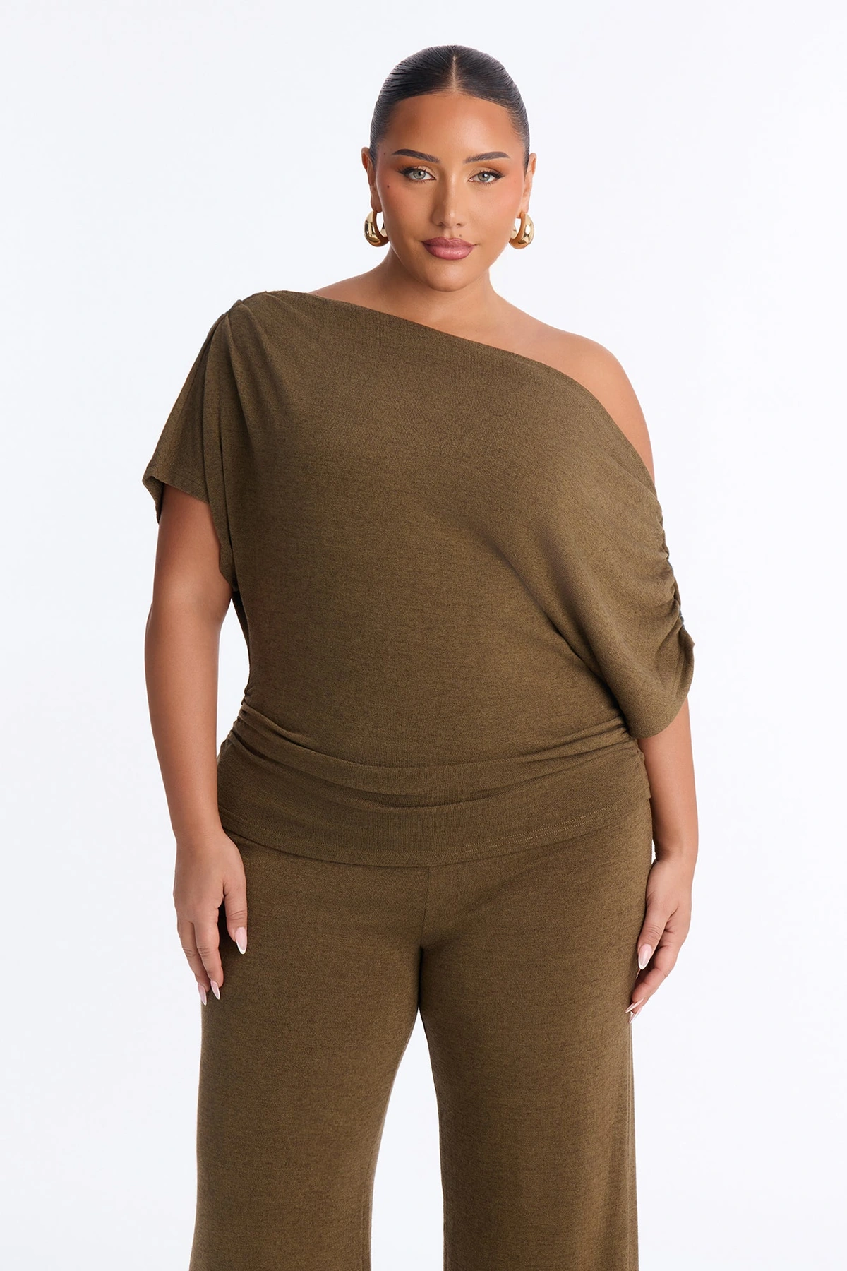 Mariana Knit Off Shoulder Pant Set - Olive — Verde-azeitona