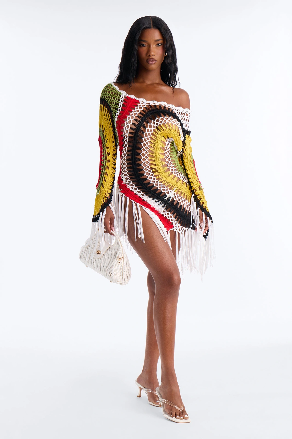Kat Crochet Fringe Cover Up Long Sleeve Dress - Multi Color — Multicolor