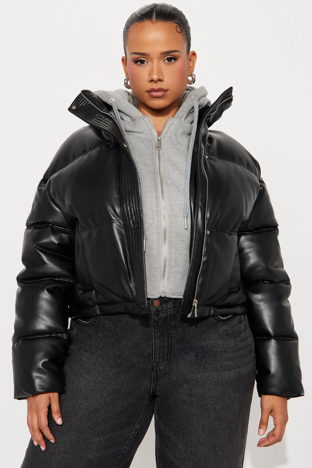 Blake Layered Faux Leather Puffer Jacket - Black/combo — Preto/combinação