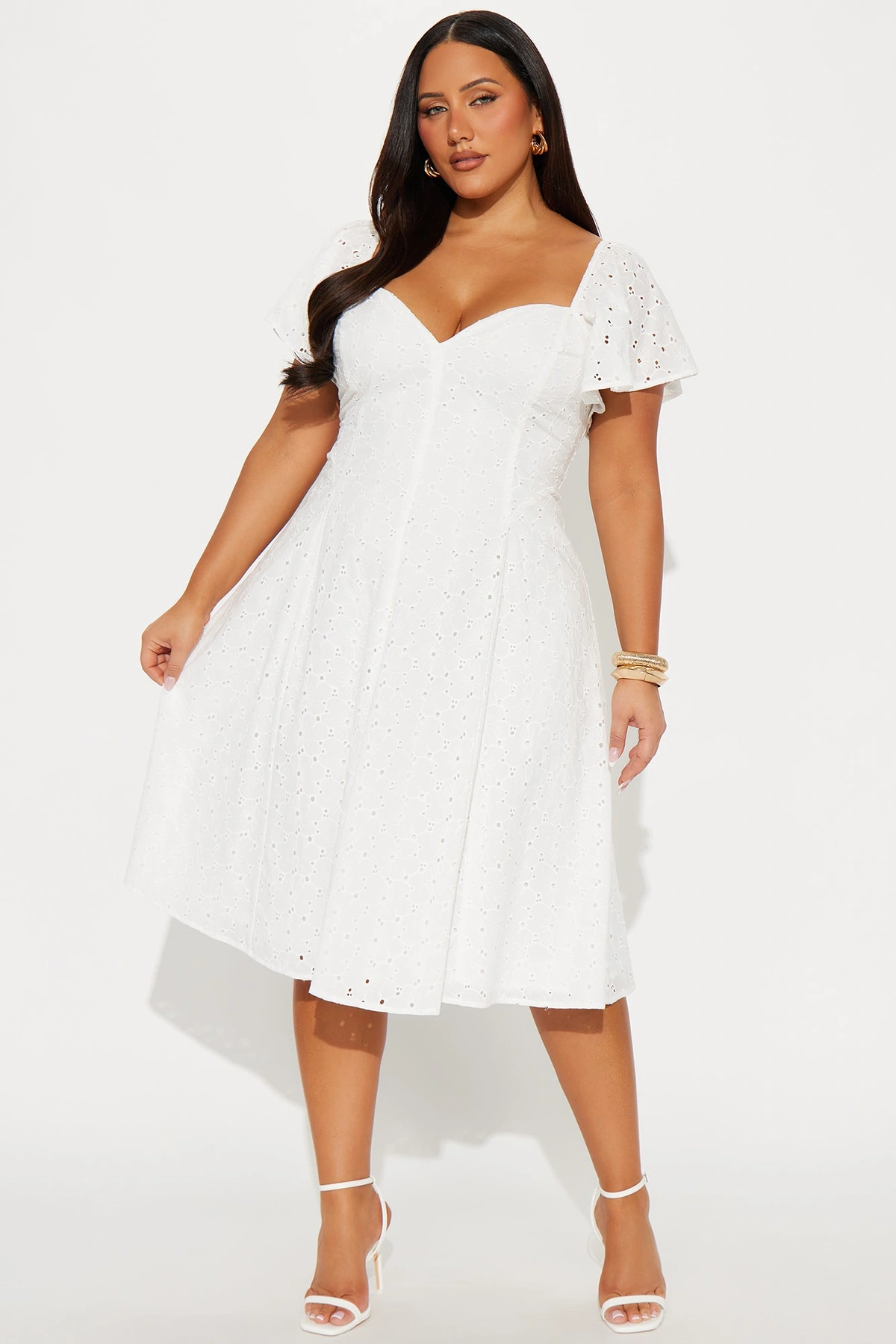 Shanley Eyelet Midi Dress - White — Branco