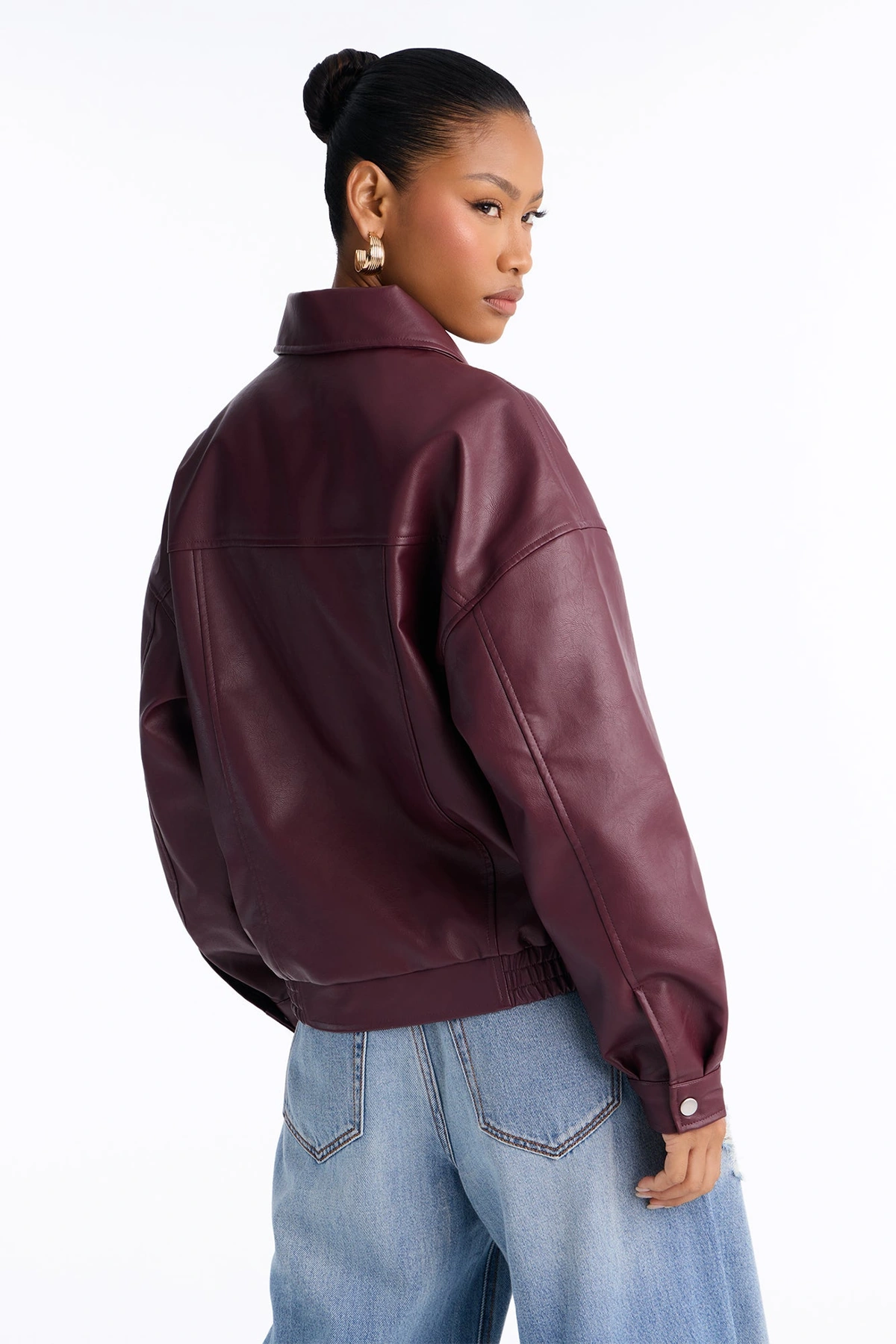 Hustle Mode Oversized Faux Leather Jacket - Burgundy — Bordô
