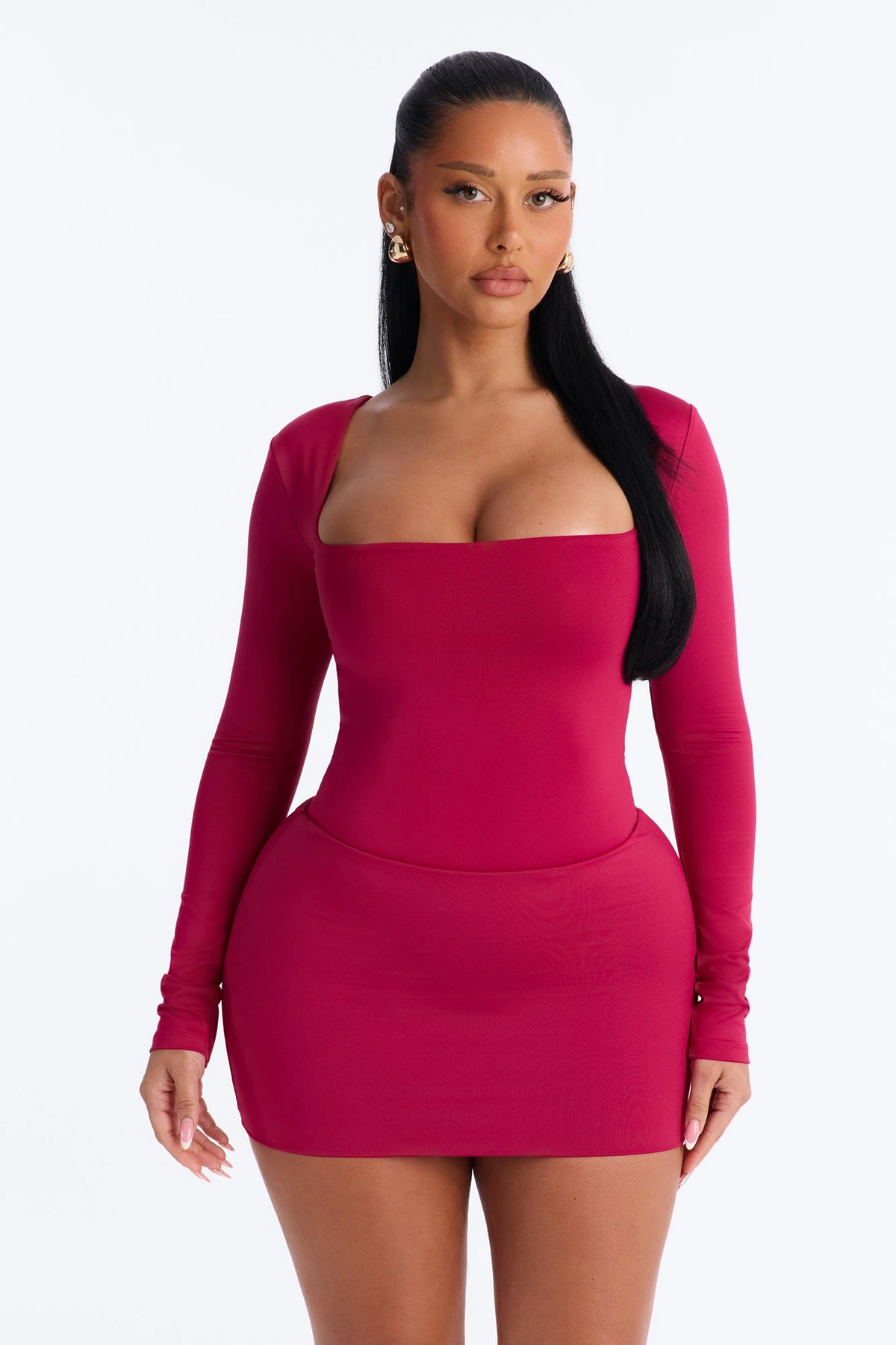 Contour Double Lined Long Sleeve Square Neck Bodysuit - Raspberry — Raspberry