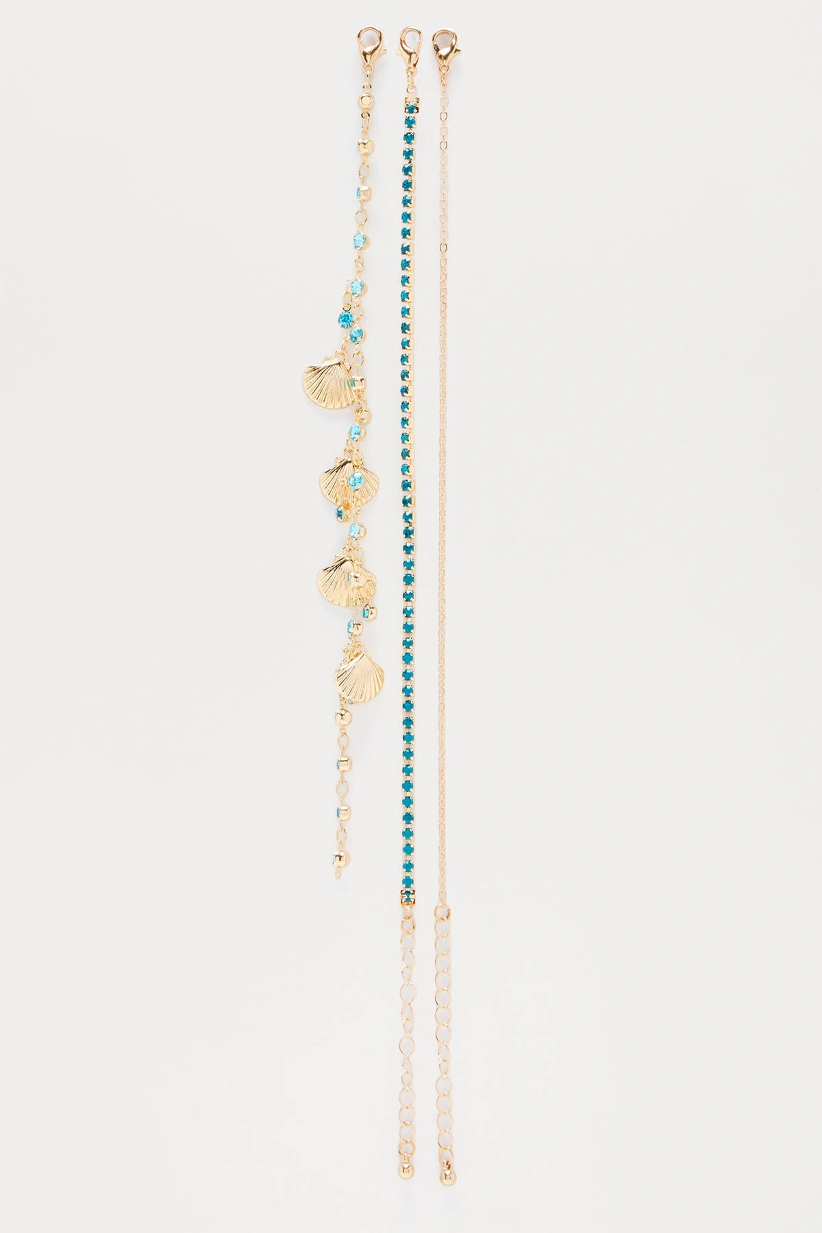 Nothing But Seashells & Waves 3 Piece Anklet Set - Gold/Blue — Dourado/Azul